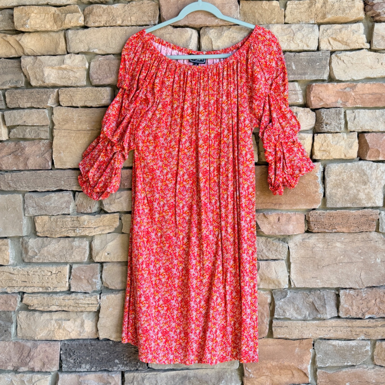 Ivy Street Womens M Red Floral Boho Ruffle Sleeve Shift Dress Peasant Cottage